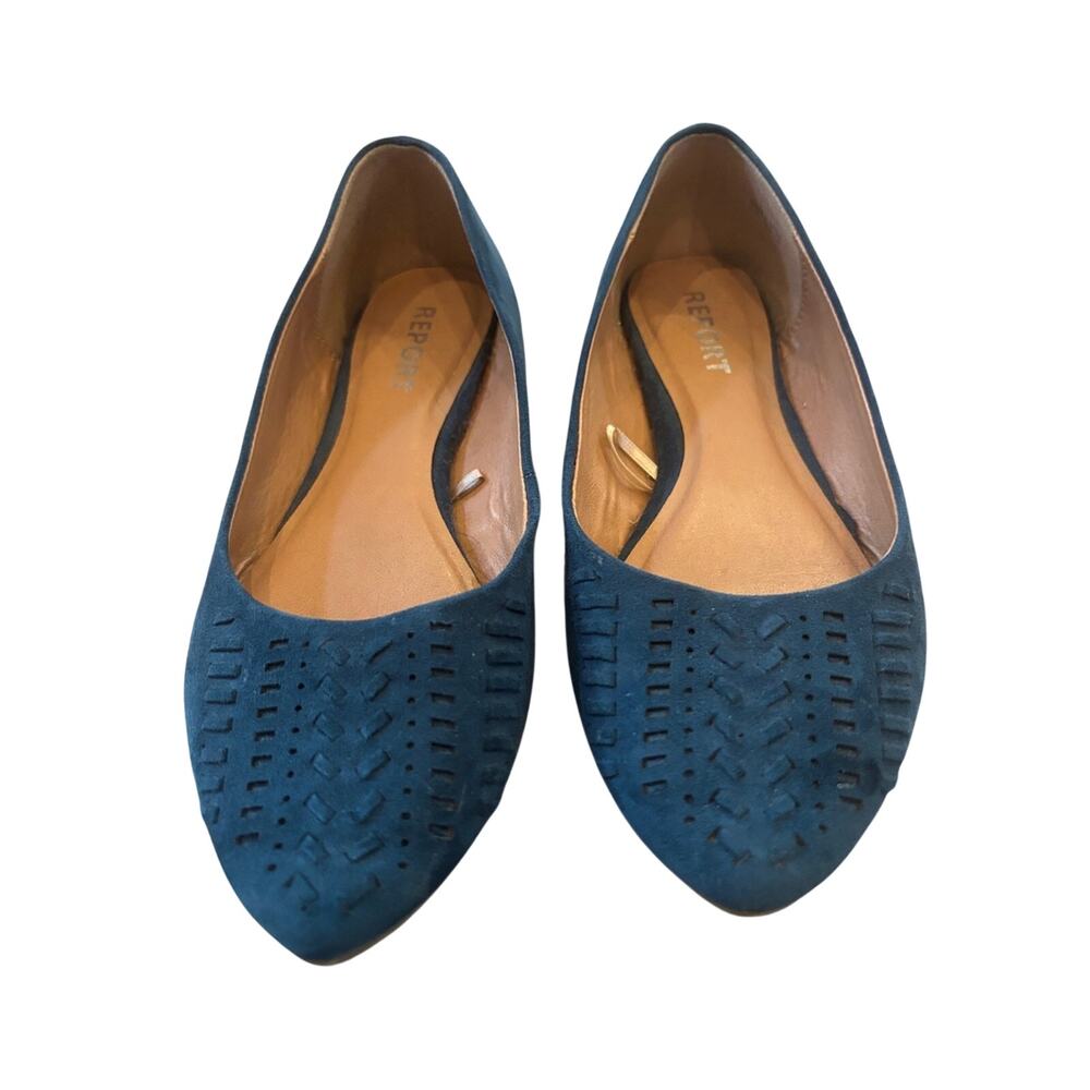 Report Teal Suede Pointed-Toe Flats with Woven Perforation